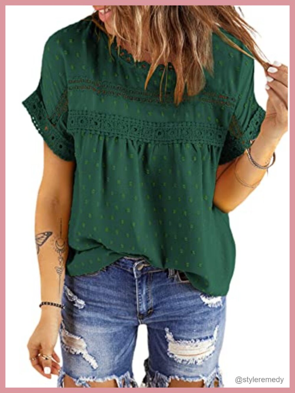 Dokotoo Womens Lace Crochet Chiffon Blouse Short Sleeve Crew Neck Top